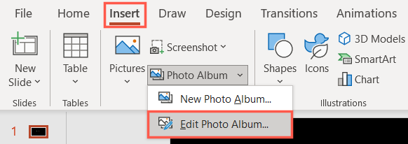 Edit Photo Album on the Insert tab