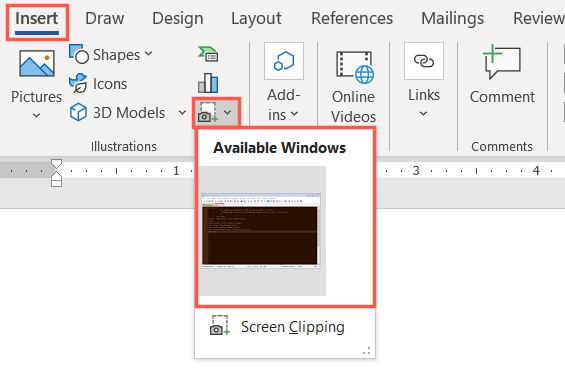 Available windows in the Screenshot menu