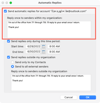 Send internal replies in Outlook on Mac