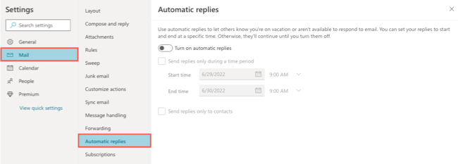 Mail, Automatic Replies on Outlook.com