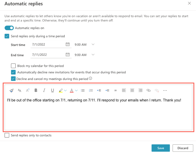 Message box for automatic replies in Outlook