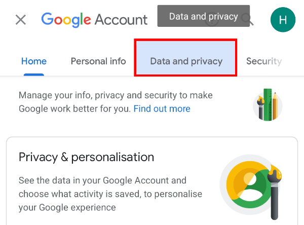 Scroll sideways to the "Data and privacy" tab