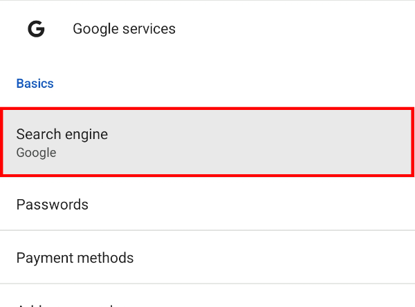 Open Chrome's settings and select the "Search engine" option