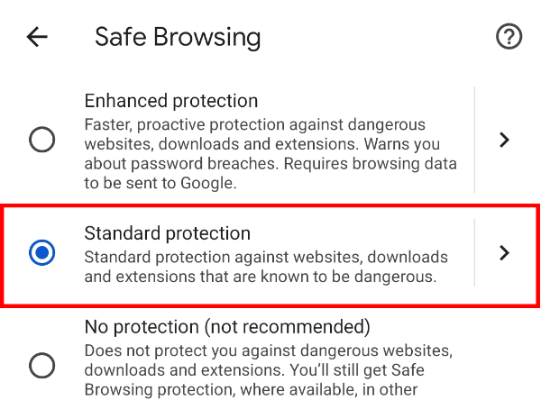 Select "Standard protection" or "No protection" to remove "Enhance protection"