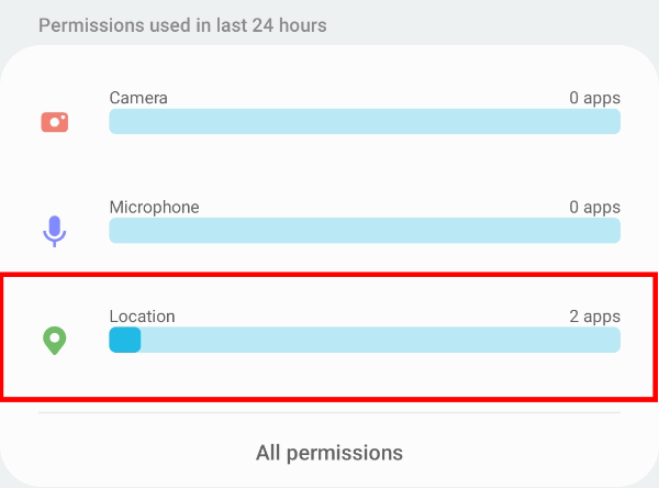 Select a permission such as Camera, Microphone, or Location