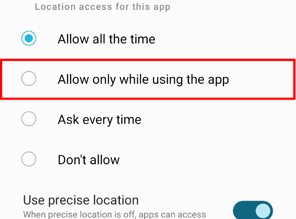Select the "Allow only while using the app" option