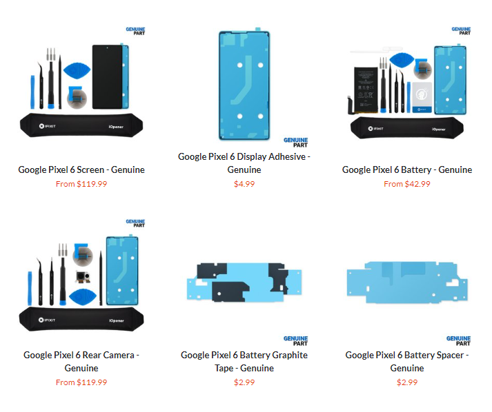 Replacement parts for Pixel 6 on iFixit