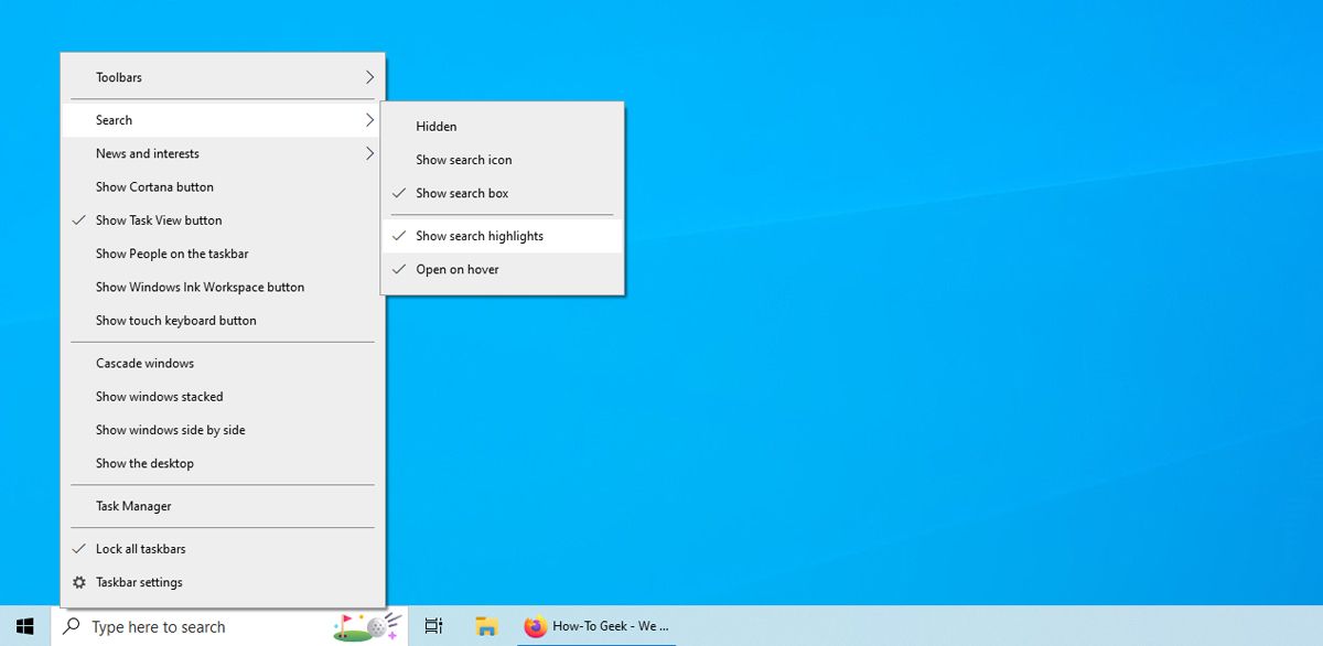A screenshot of the taskbar menu used to turn off the &quot;Search Highlights&quot; feature.