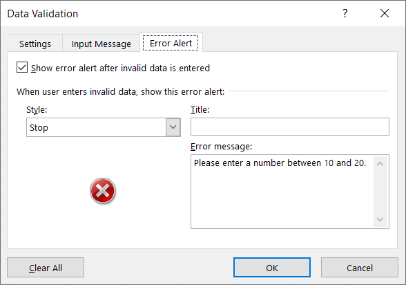 Error settings for data validation