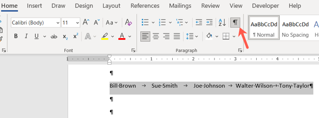Paragraph marks displayed in Word