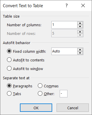 Text to Table options in Word