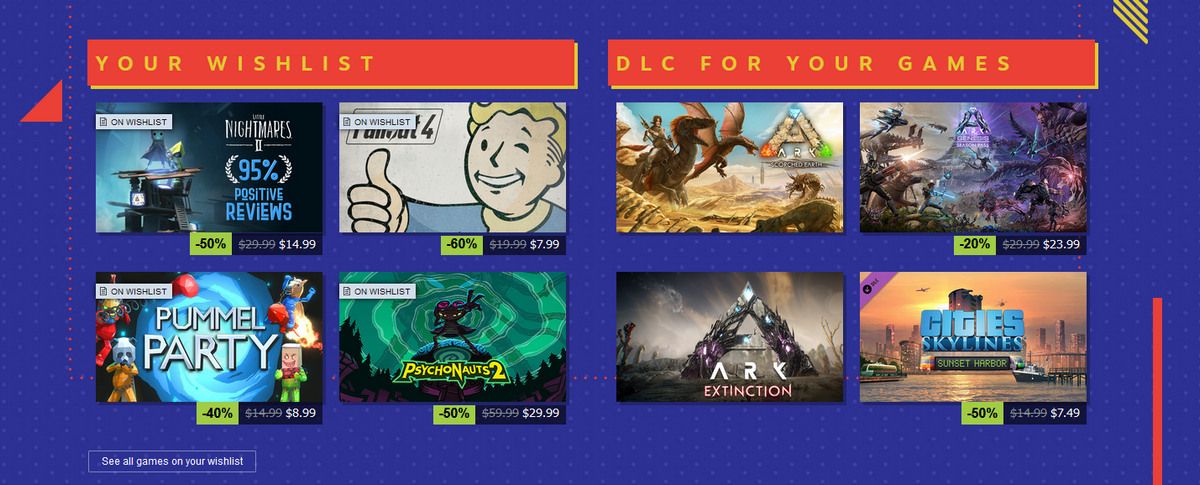 An example of how Steam displays DLC on sale on the front page.