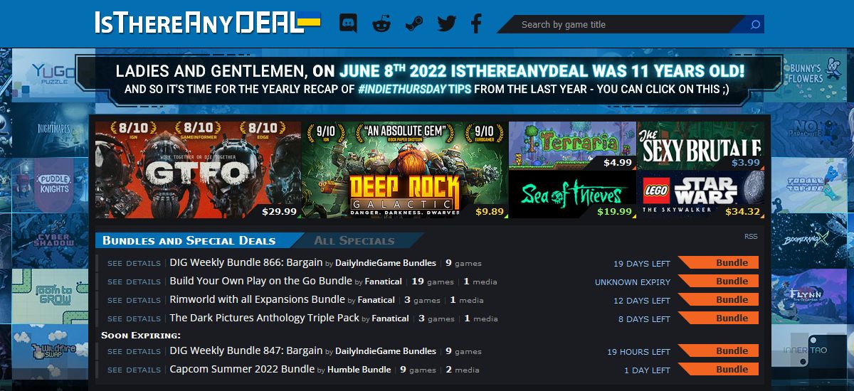 The menu of the IsThereAnyDeal website.
