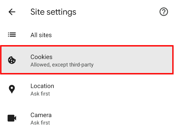 Tap the "Cookies" option