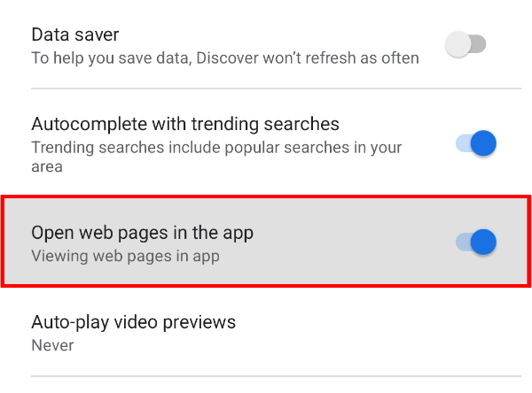 Tap the "Open web pages in the app" option to deselect it