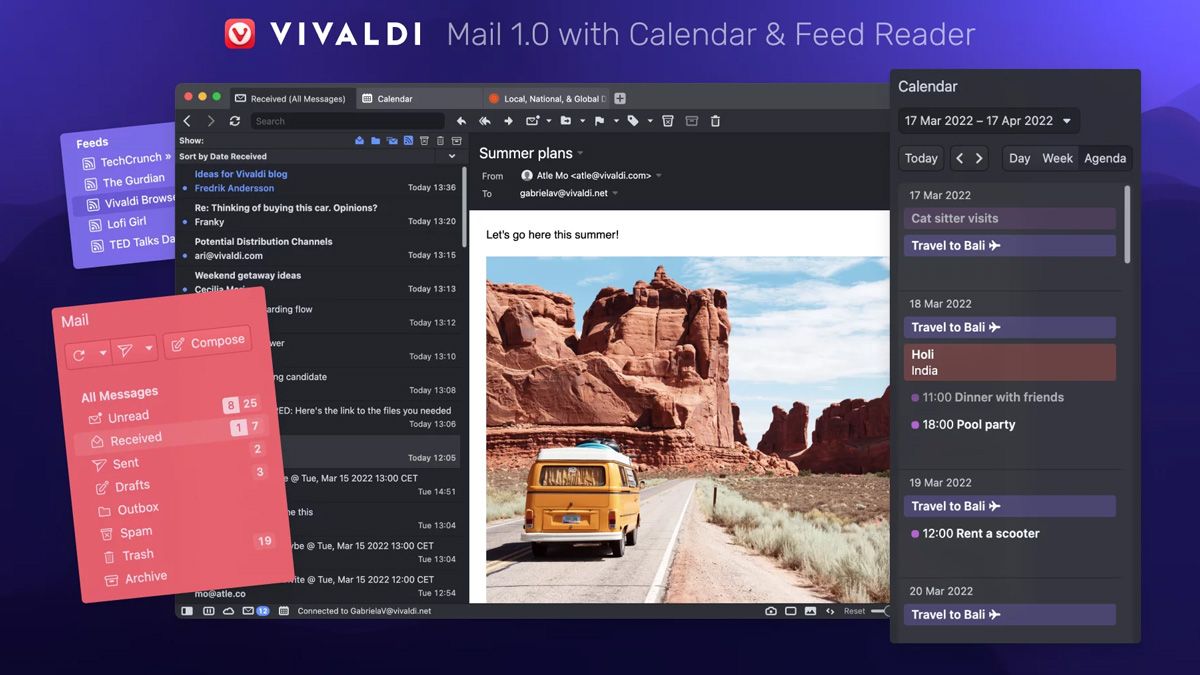 Vivaldi Mail, Calendar, and Feeds screenshot