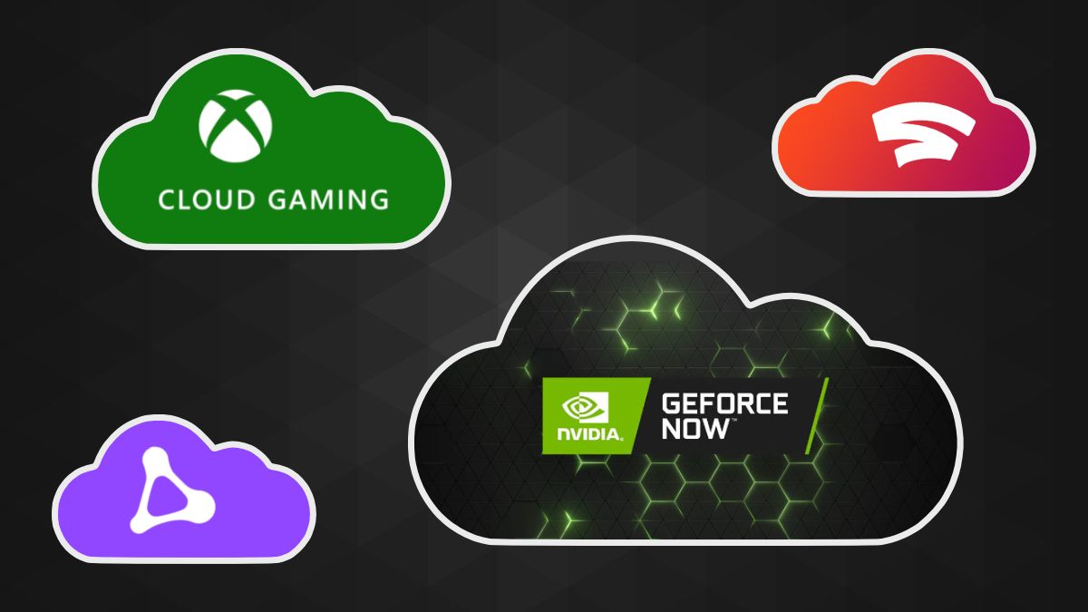 Cloud gaming platform logos inlaid in clouds, including NVIDIA GeForce Now, Xbox Cloud Gaming, Google Stadia, and Amazon Luna