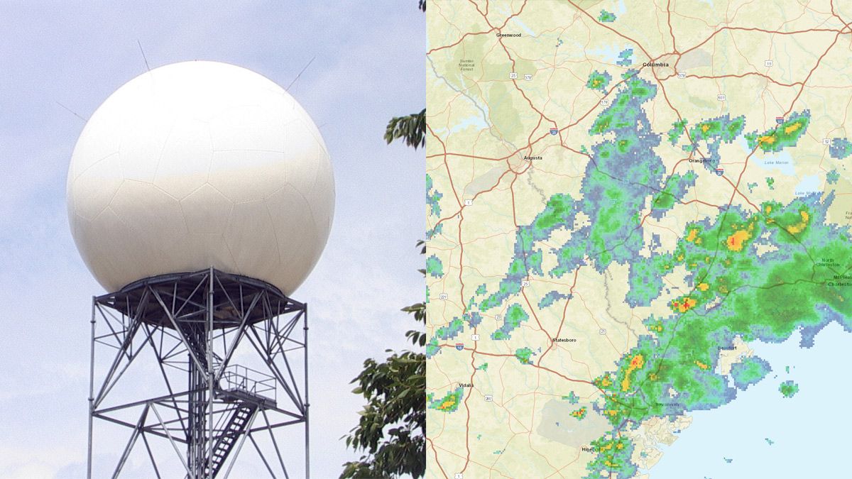 A weather radar dome and an example of a weather radar readout.