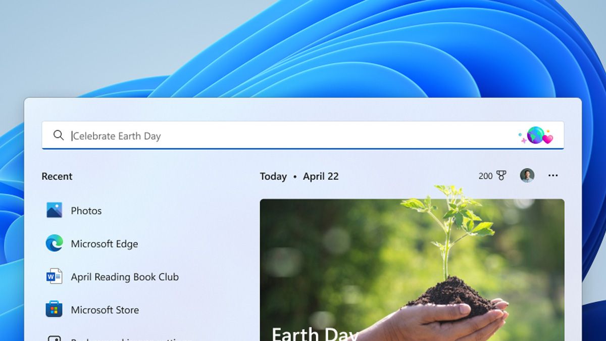 Search panel open in Windows 11 with a small Earth icon visible at the right end