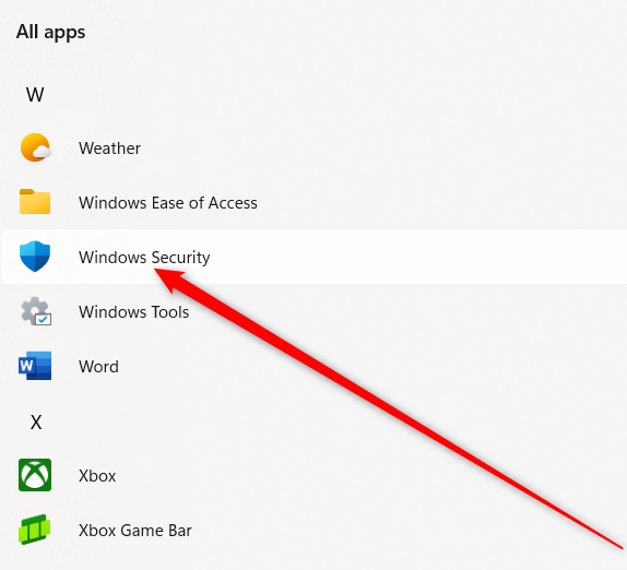 A list of apps in Windows 11 with a red arrow pointing to Windows Security