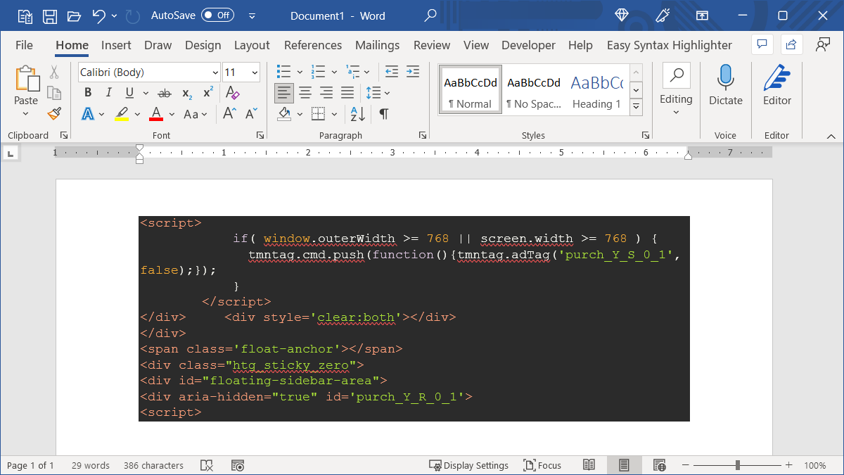 Code snippet in Word