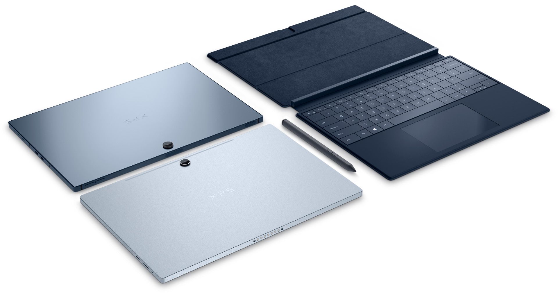 XPS 13 2-in-1 from front and back with keyboard and stylus