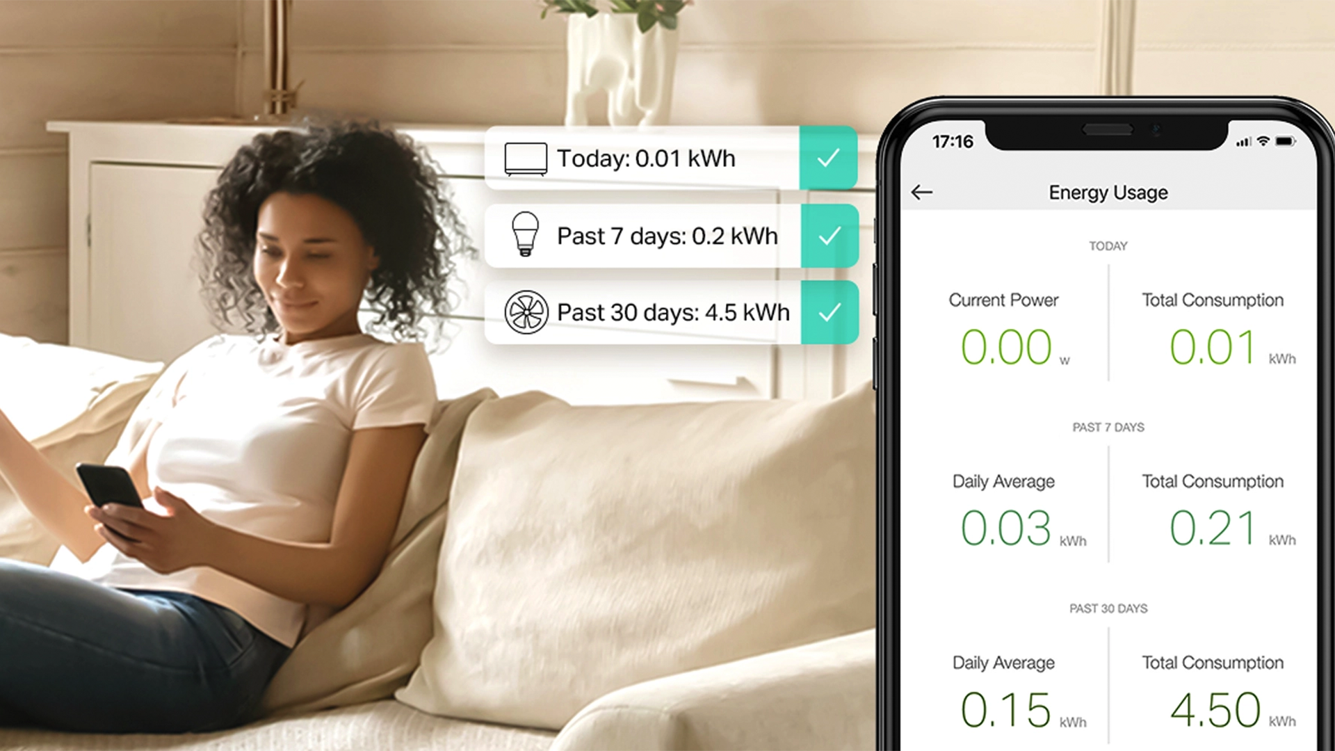 A woman checking energy consumption with the TP-LInk app.