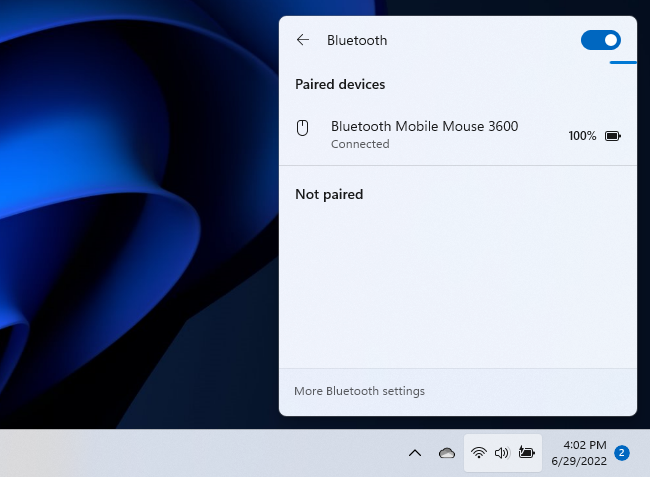The Bluetooth Quick Settings menu on Windows 11 22H2.