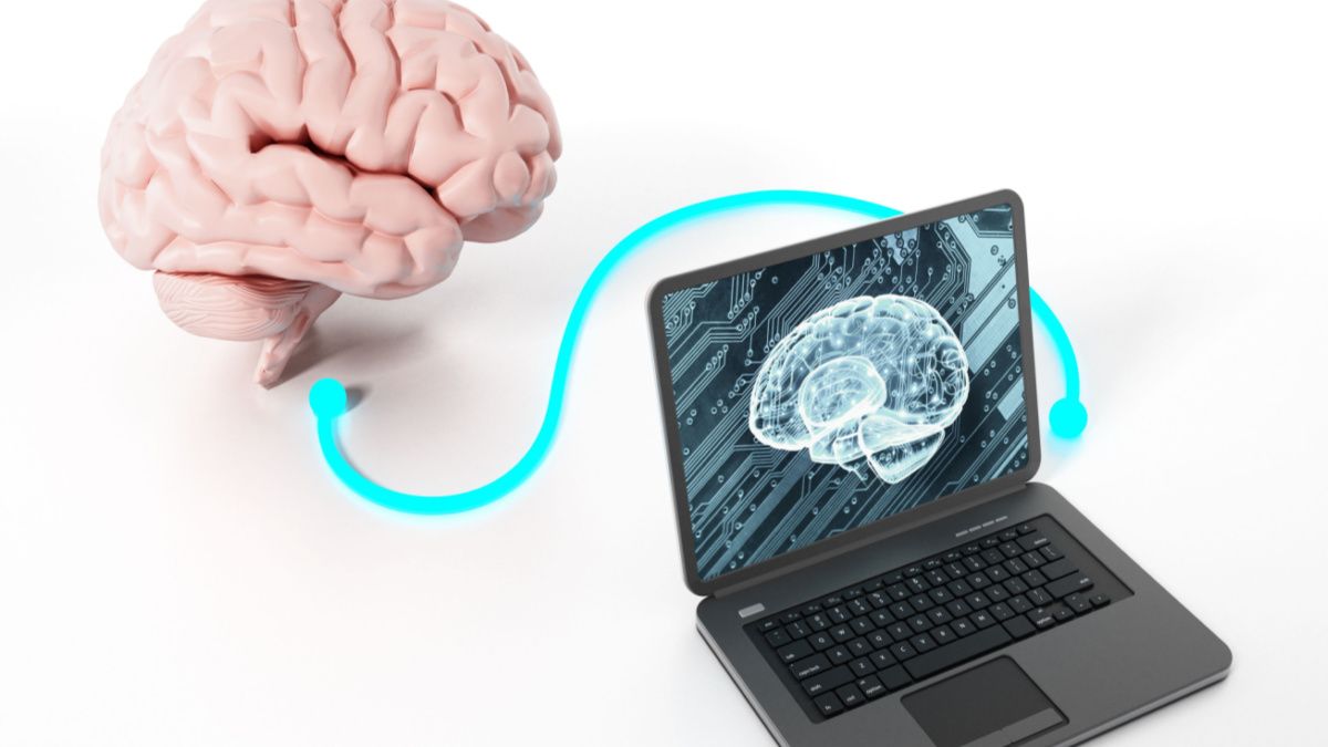 A human brain connected via wire to a laptop with an illustration of a brain on-screen.