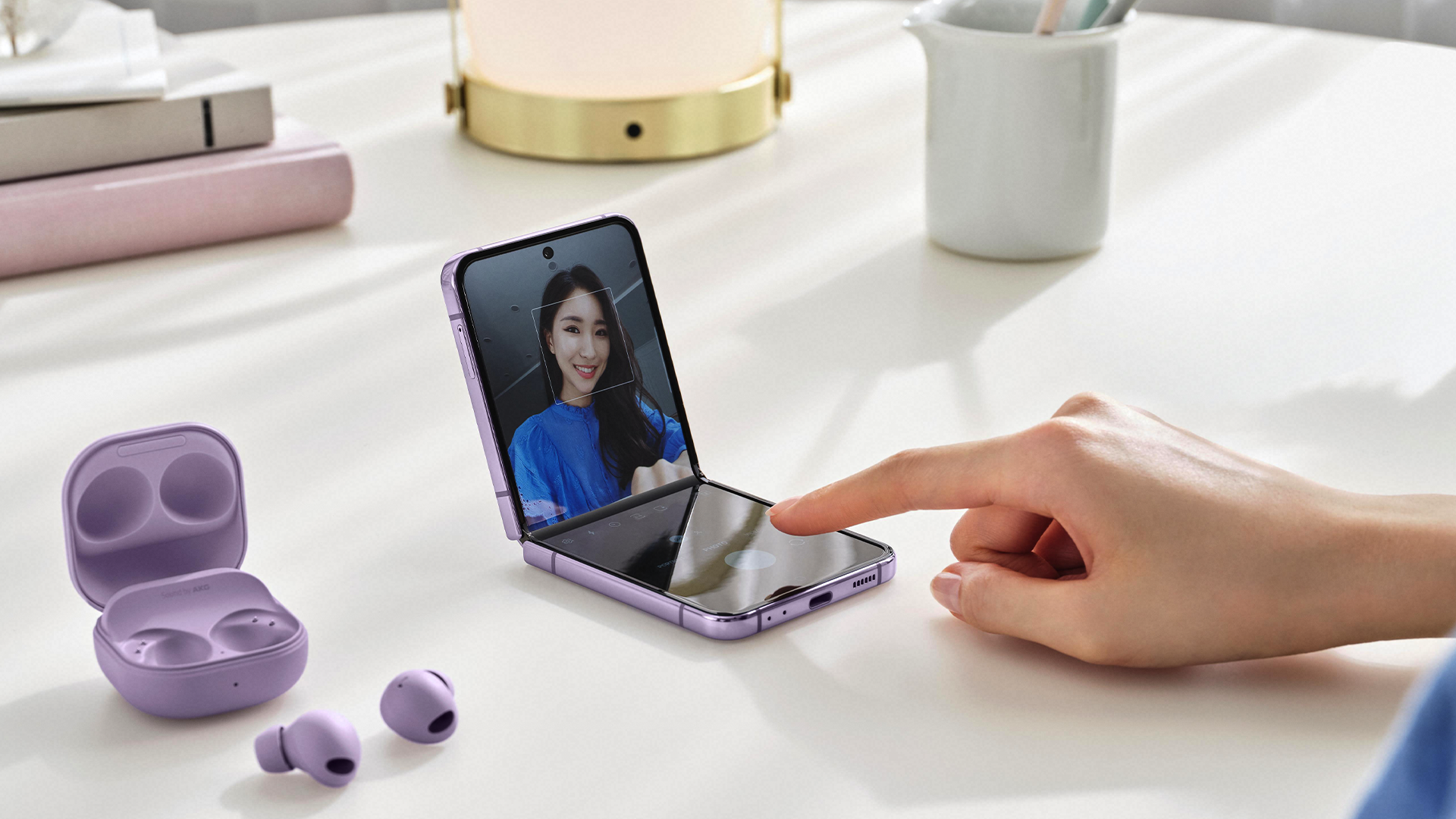 The Samsung Galaxy Z Flip 4 propped up for a video call.