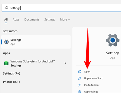 Type "settings" into the Start menu search bar, then hit Enter or click "Open."