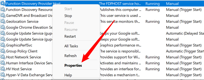 Right-click the service you want to modify, then click 