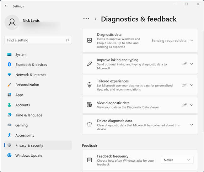 The options available in "Diagnostics and Feedback."