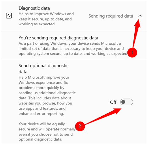 Open up the "Diagnostics" section, then click the toggle to the "Off" position.
