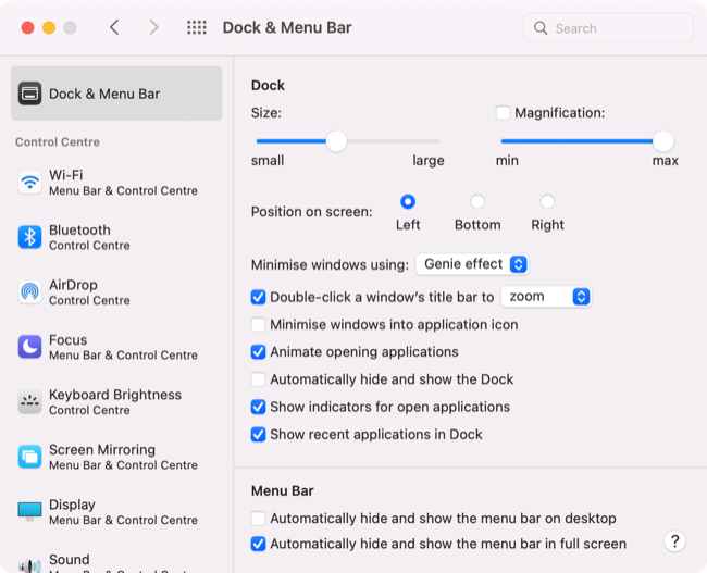 Dock & Menu Bar settings on macOS
