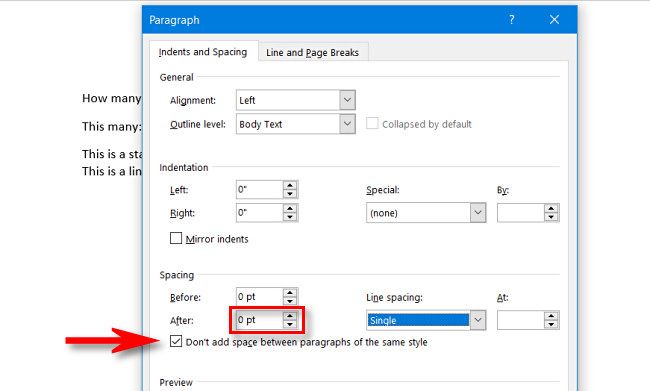 Set "After" to "0 pt" and check the box beside "Don't add space between paragraphs of the same style."