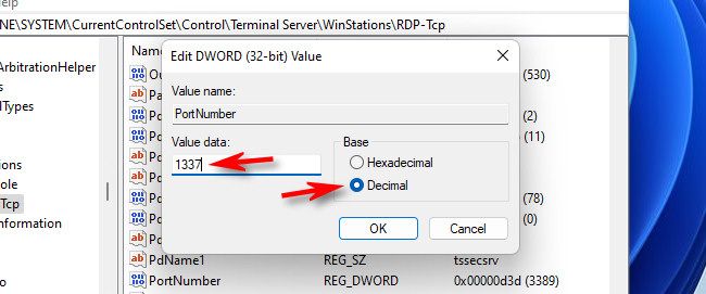 Select "Decimal," and type in the new RDP port number.
