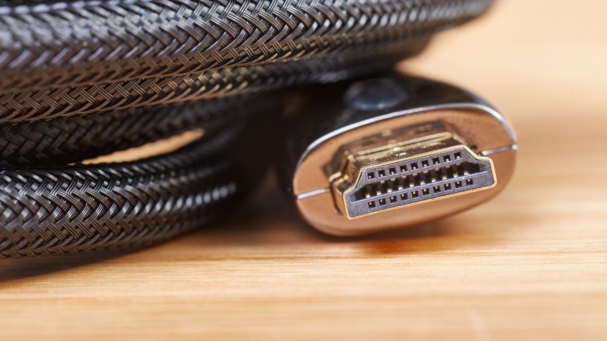 Closeup of a gold-plated HDMI cable connector.