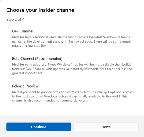 Select the Insider Channel you'd like to use.