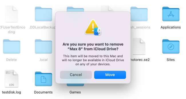 Remove folder from iCloud Drive warning