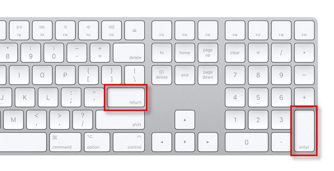 The "Return" and "Enter" keys on a Mac keyboard.