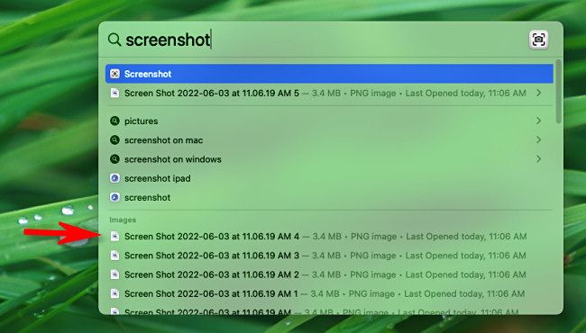 Searching for screenshots in Mac Spotlight search.