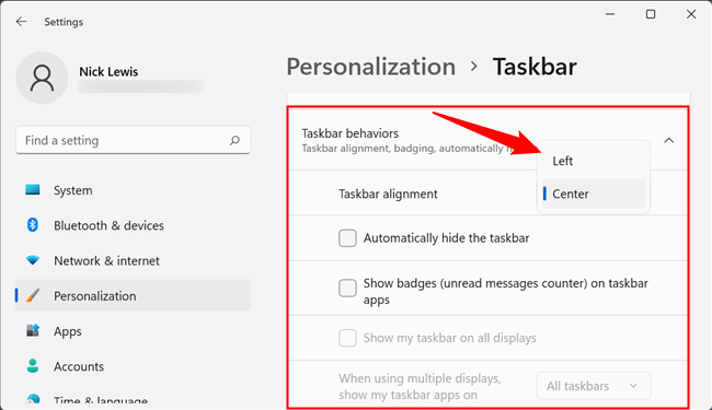 Scroll down to the "Taskbar Behavior" section. Expand it, then click on the drop down box next to "Taskbar Alignment" and set it to "Left."