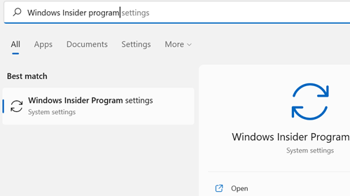Open the Start Menu, type "windows insider program" into the search bar, then hit Enter or click "Open."
