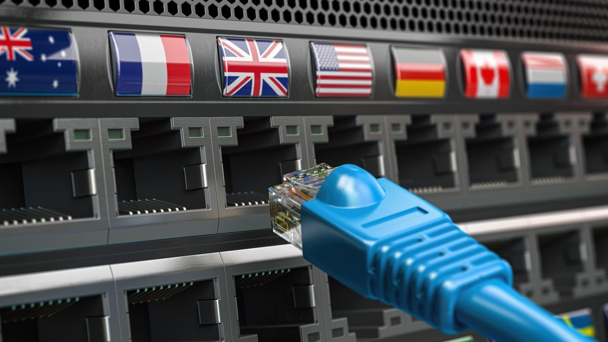 Connecting an Ethernet cable to ports labeled with different countries.
