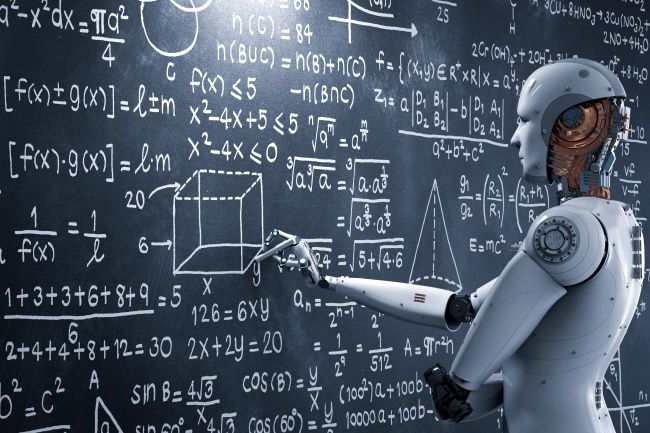 A robot writing mathematical equations on a chalkboard.