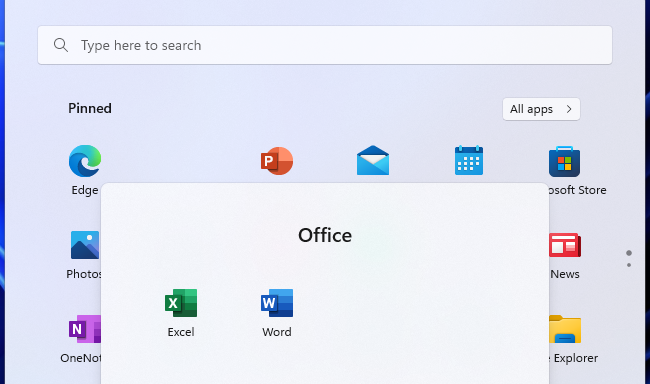 Start menu app folders on Windows 11.