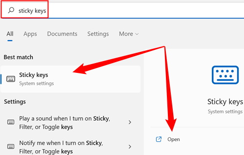 Type "sticky keys" into the Start Menu search bar, then click the result, "Stick Keys," "Open," or hit Enter.