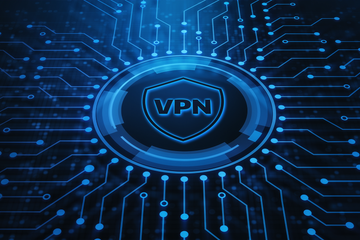 Graphic of a VPN surrounded by a shield icon with numerous little connection icons around it.