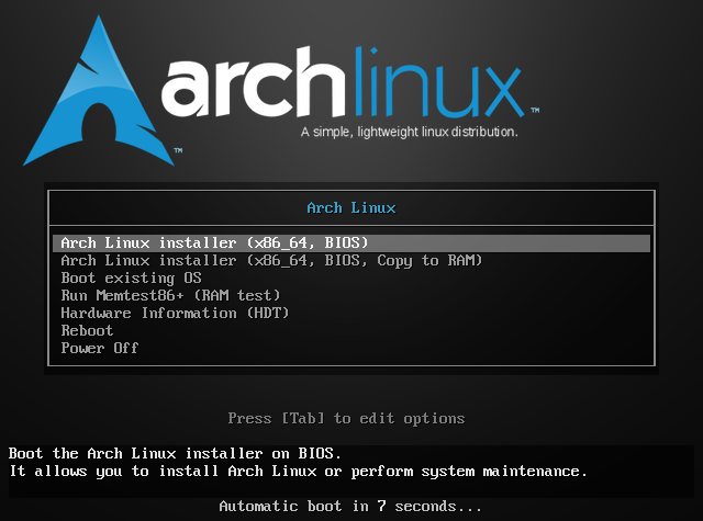 Arch Linux installer main menu